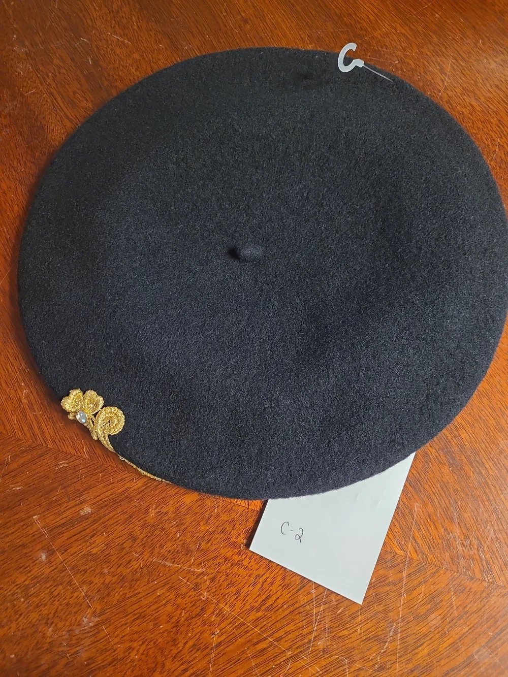 Vtg Black 100% Wool Beret with Gold Metalic Baroque Embroidery and Rhinestones